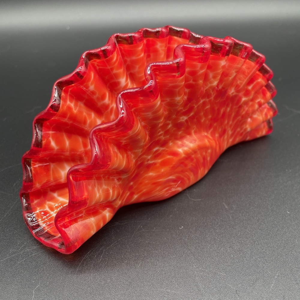 Crimped Edge Glass Napkin Holder Red Orange White Art Glass Hand Made